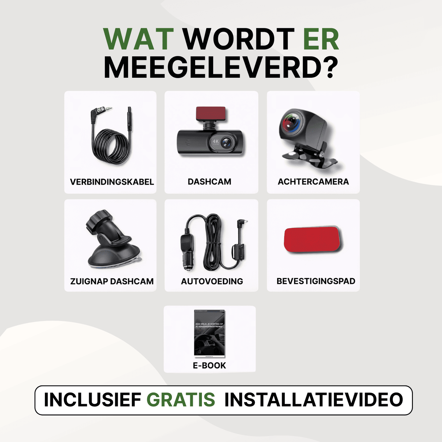 Inhoud van de GuardianView Pro met dashcam, achtercamera, kabels, zuignap, bevestigingspad en e-book.
