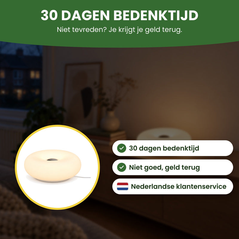 De Halova donutlamp in een cirkel, met Nederlandse klantenservice: 30 dagen bedenktijd, niet goed geld terug
