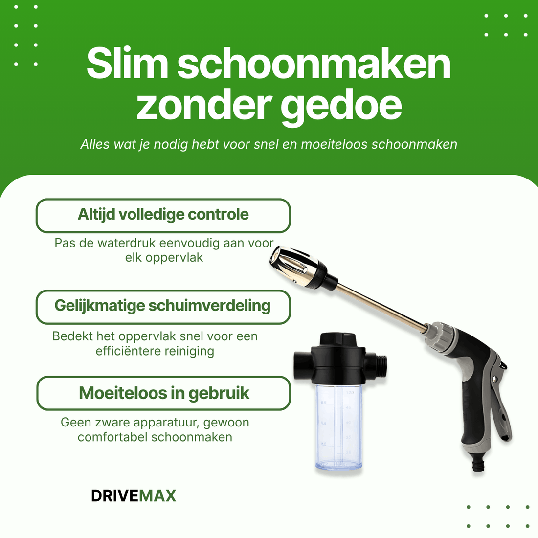Hogedrukreiniger met schuimlans en instelbare sproeikop, geschikt voor eenvoudig en gecontroleerd reinigen van verschillende oppervlakken.