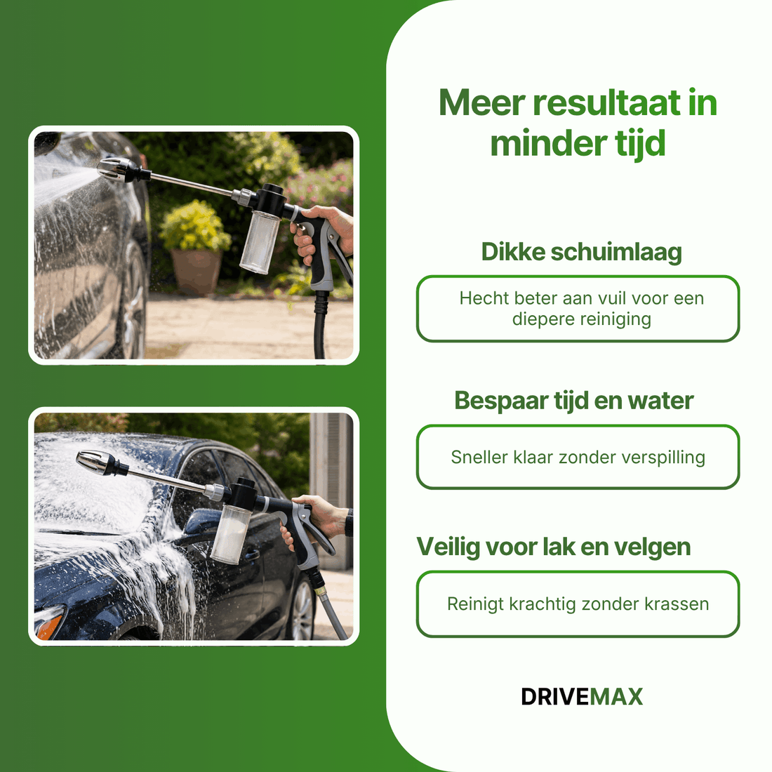 Hogedrukreiniger met schuimlans in gebruik op een auto, waarbij een dikke schuimlaag wordt aangebracht voor grondige reiniging.