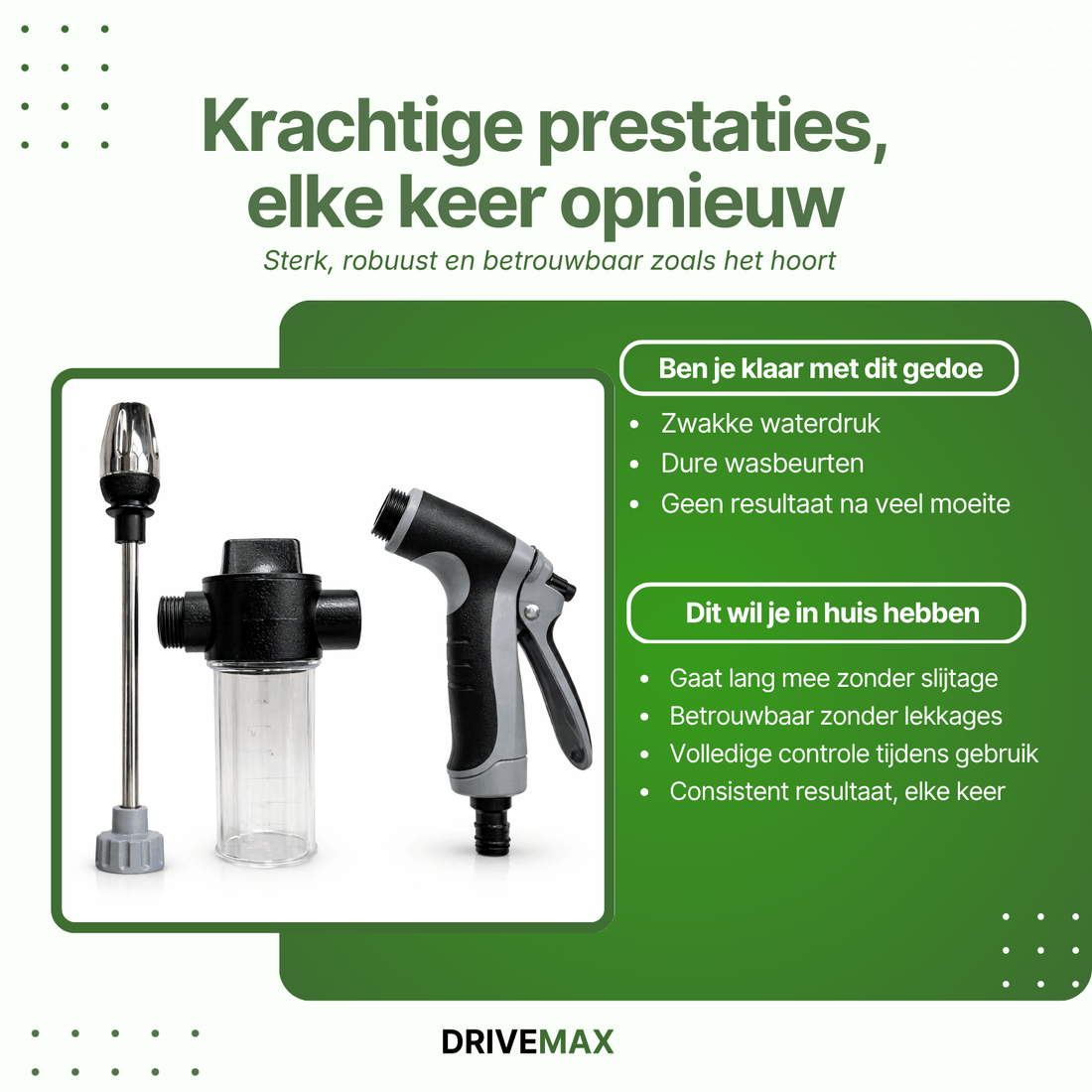 Hogedrukreiniger met schuimspuit, verstelbare lans en handgreep, geschikt voor krachtig en gecontroleerd reinigen van oppervlakken.