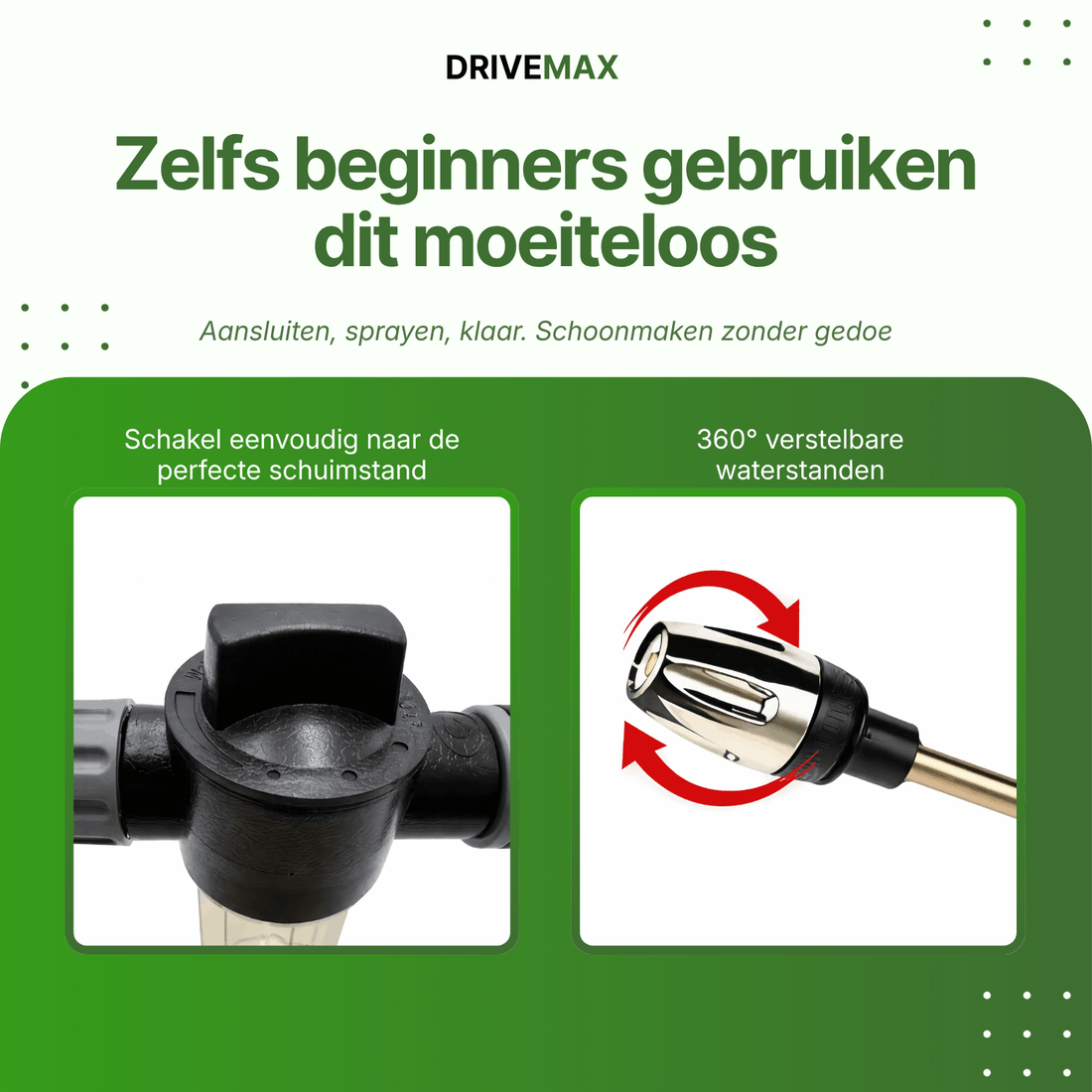 Hogedrukreiniger met verstelbare schuimlans en draaibare sproeikop voor eenvoudig reinigen met gecontroleerde waterdruk.