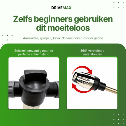 Hogedrukreiniger met verstelbare schuimlans en draaibare sproeikop voor eenvoudig reinigen met gecontroleerde waterdruk.