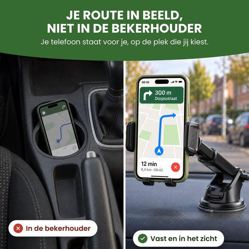 Links een telefoon los in de bekerhouder, rechts dezelfde telefoon in de Holdify op het dashboard: je route in beeld, niet in de bekerhouder