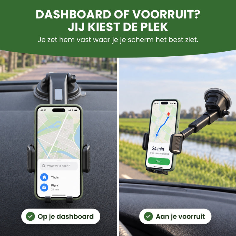 Holdify telefoonhouder met de zuignap op het dashboard en aan de voorruit van een auto: dashboard of voorruit, jij kiest de plek