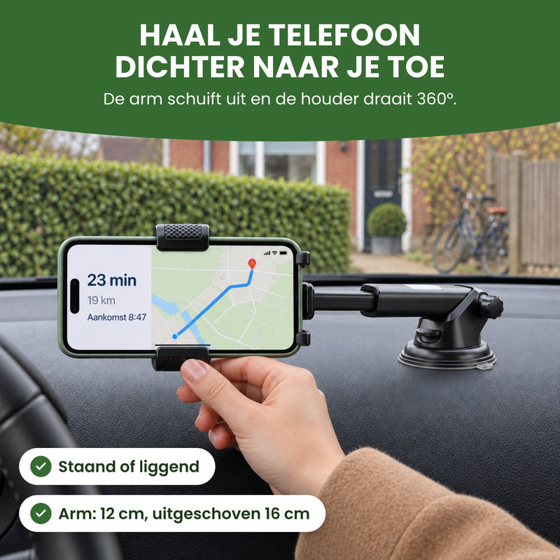 In een geparkeerde auto trekt een hand de Holdify met uitgeschoven arm en liggende telefoon dichterbij: haal je telefoon dichter naar je toe