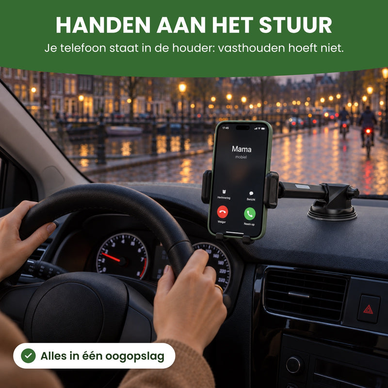 Twee handen aan het stuur en de telefoon met een inkomend gesprek in de Holdify op het dashboard: vasthouden hoeft niet