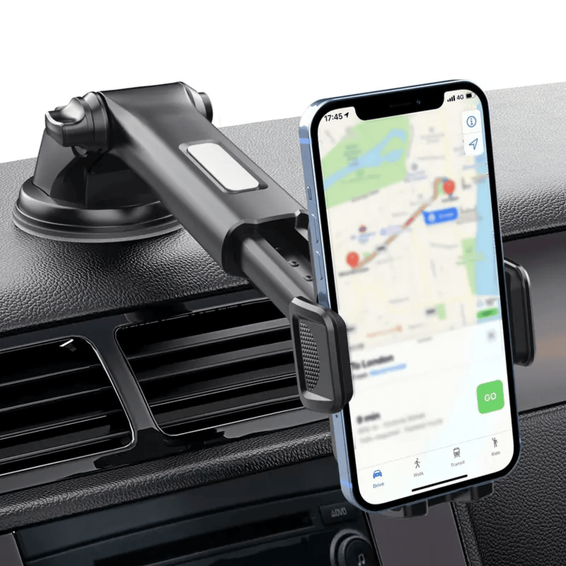 Telefoon in Holdify houder op het autodashboard, met navigatie zichtbaar op het scherm.