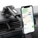 Telefoon in Holdify houder op het autodashboard, met navigatie zichtbaar op het scherm.