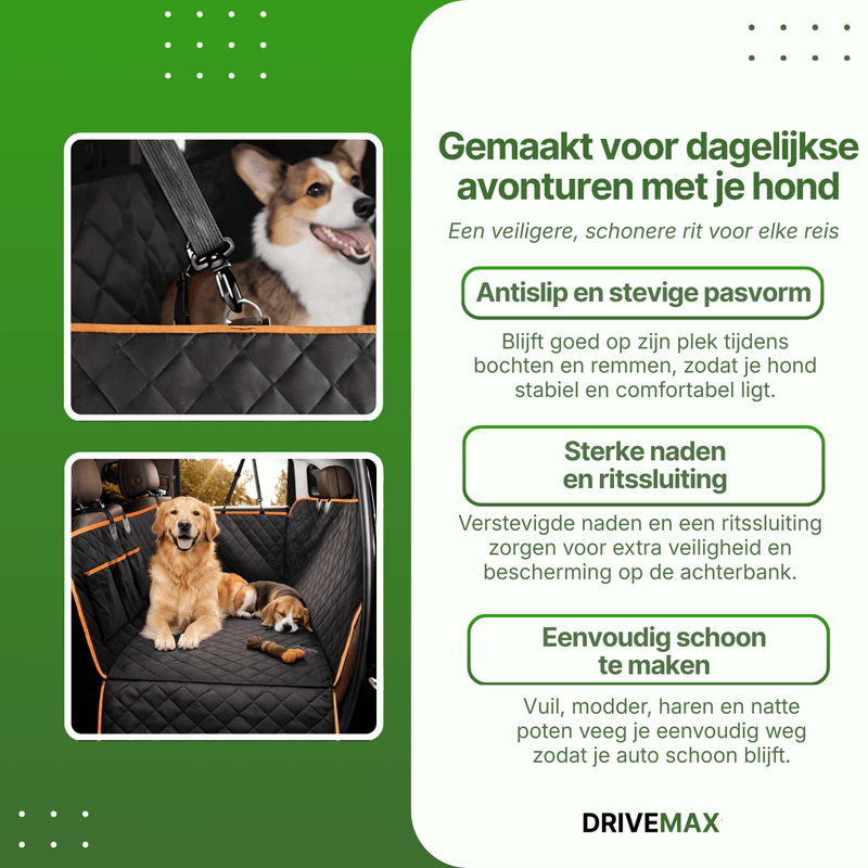 Zwarte gewatteerde hondendeken voor de auto op de achterbank met honden die comfortabel liggen.