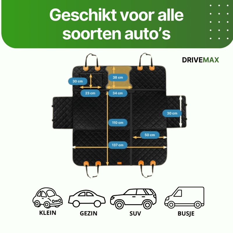 Zwarte gewatteerde hondendeken voor de auto met afmetingen en geschikt voor verschillende autotypes.