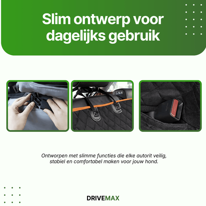 Zwarte gewatteerde hondendeken voor de auto met bevestigingsclips, hoofdsteunbanden en opbergvak.