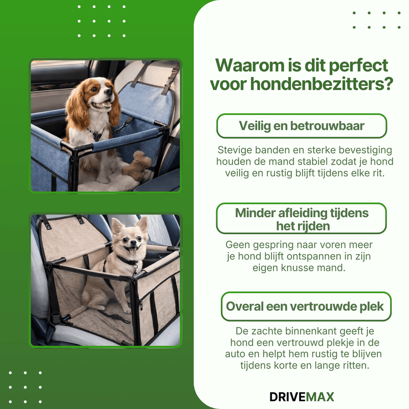 Hondenmand voor in de auto met honden die comfortabel zitten op de achterbank.