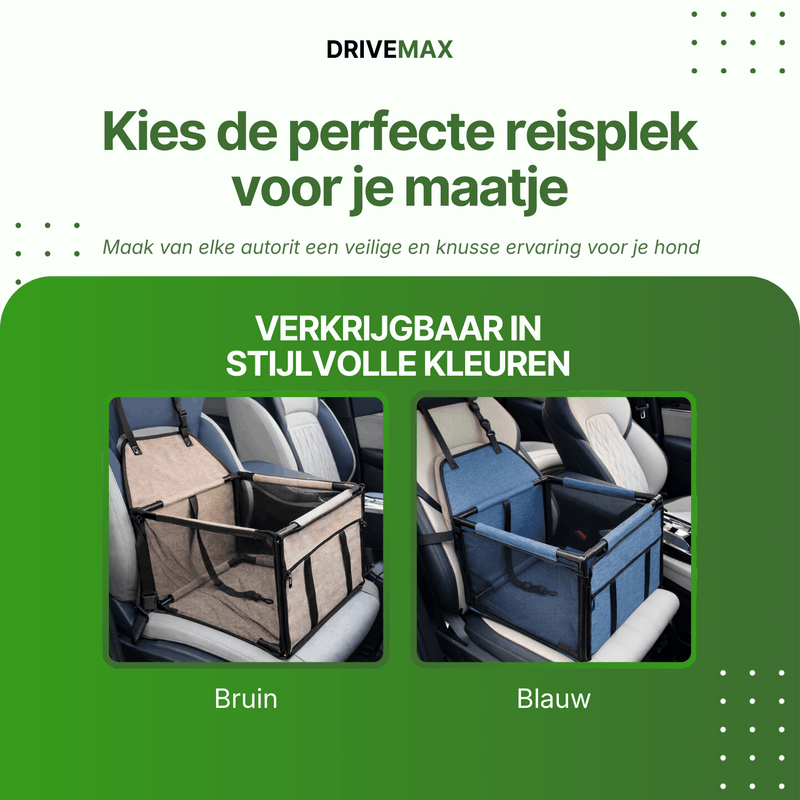 Hondenmand voor in de auto op achterbank getoond in beige en blauwe kleur als kleurkeuze.