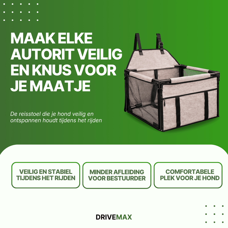 Bruin hondenmand voor in de auto met mesh zijkanten op groene promotieachtergrond met tekst over veilige autoritten.