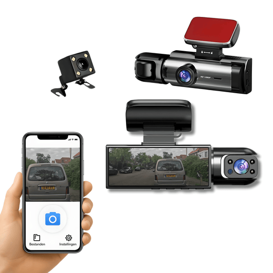 VisionGuard Pro dashcam set met voorcamera, interieurcamera, achtercamera en app-verbinding via smartphone