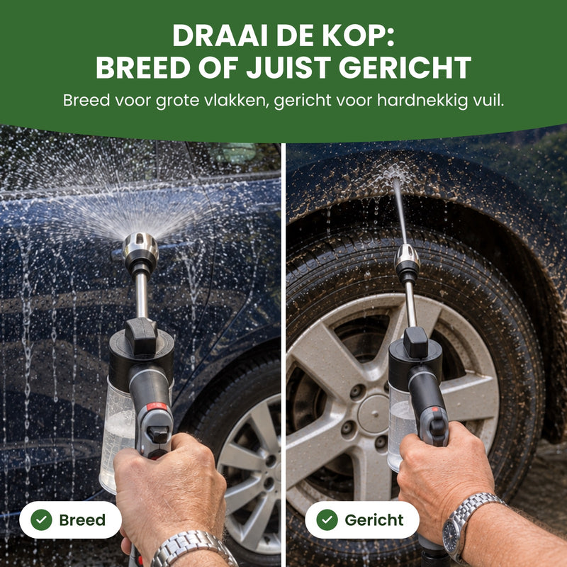 JetFoam met een brede straal op een autodeur en een gerichte straal bij een wiel: draai de kop voor breed of juist gericht