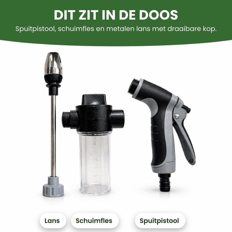 Spuitpistool, schuimfles en lans met draaibare kop op een witte achtergrond: dit zit in de doos van de JetFoam
