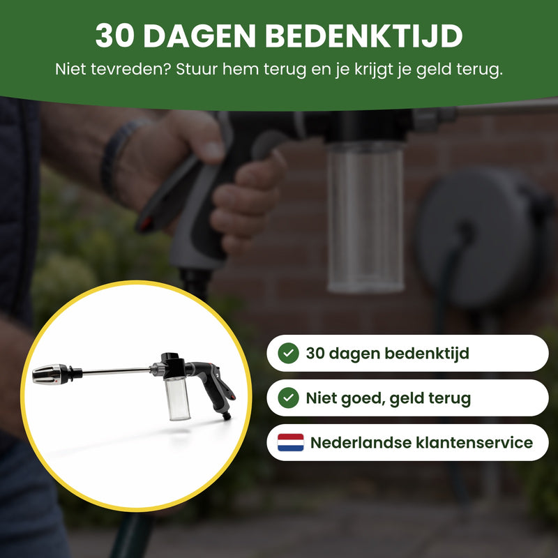 JetFoam schuimspuit met 30 dagen bedenktijd, niet goed geld terug en Nederlandse klantenservice