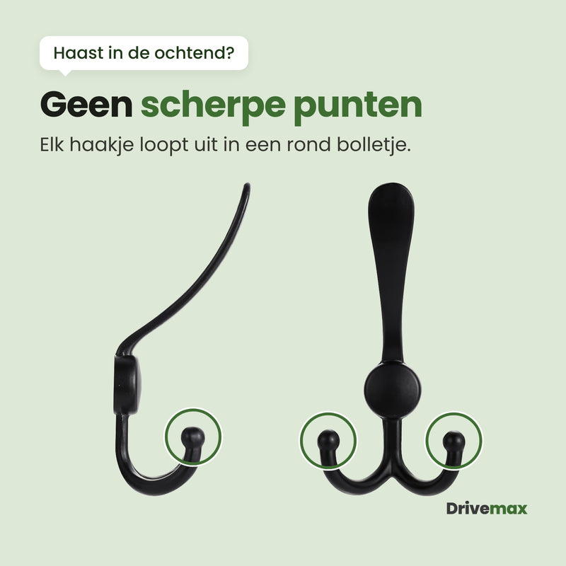 Een zwarte haak van de Kapova van opzij en van voren: elk haakje loopt uit in een rond bolletje