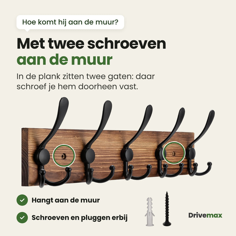 De Kapova kapstok met ringen om de twee gaten in de plank, met een plug en een schroef: daar schroef je hem doorheen vast aan de muur
