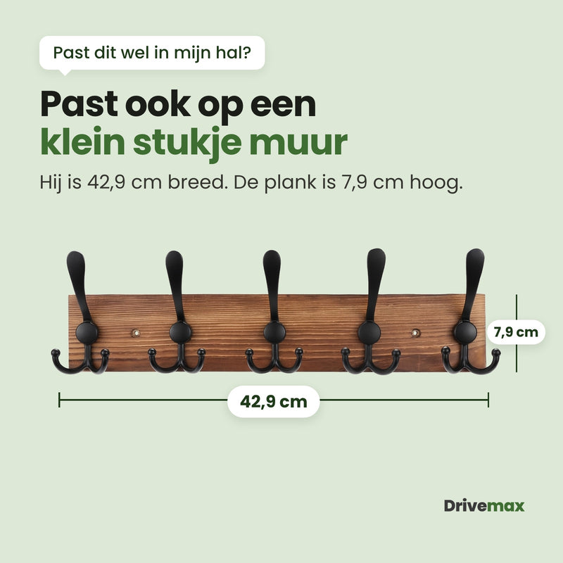 De Kapova kapstok recht van voren met maatlijnen: 42,9 cm breed, de plank is 7,9 cm hoog