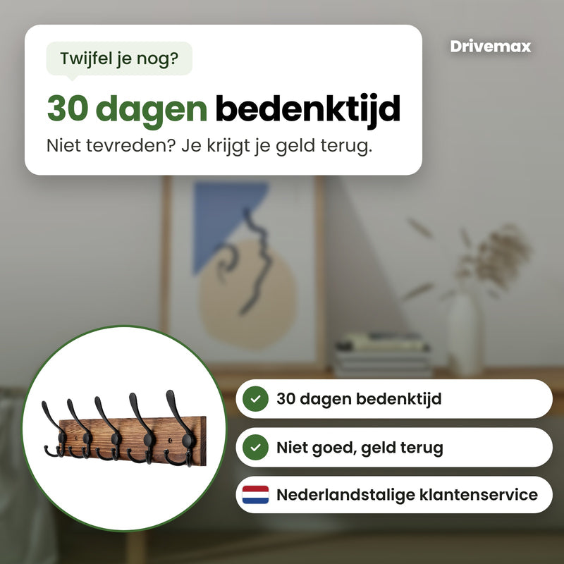 De Kapova kapstok in een cirkel, met Nederlandstalige klantenservice: 30 dagen bedenktijd, niet goed geld terug
