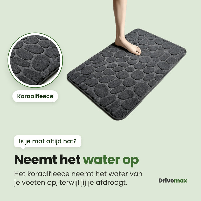 De Kiezova badmat met een voet erop en een uitvergroting van het koraalfleece: neemt het water van je voeten op