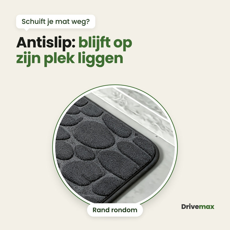 Ronde uitvergroting van de hoek van de Kiezova badmat met de rand rondom, plat op de tegels: antislip, blijft op zijn plek liggen