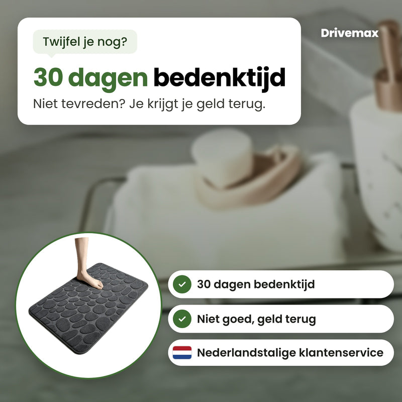 De Kiezova badmat in een cirkel, met Nederlandstalige klantenservice: 30 dagen bedenktijd, niet goed geld terug