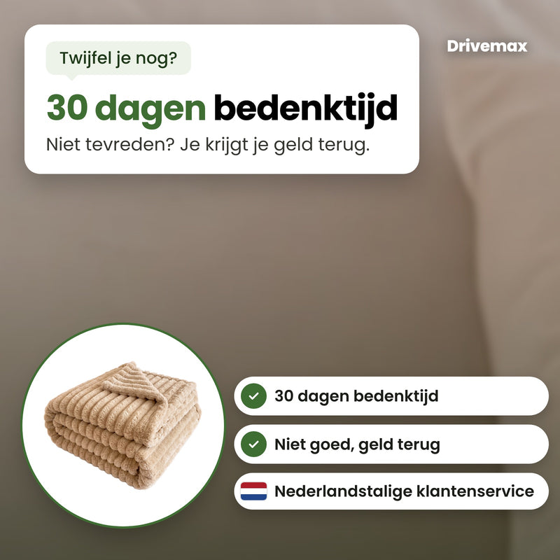 De Knusova plaid in een cirkel, met Nederlandstalige klantenservice: 30 dagen bedenktijd, niet goed geld terug