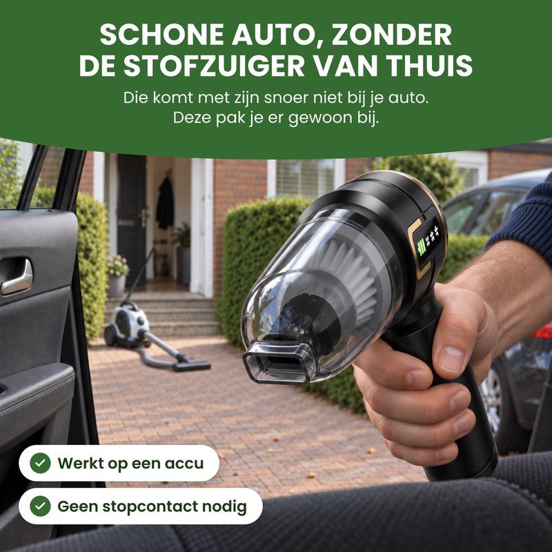 Hand houdt de kruimeldief in het open autoportier; de stofzuiger van thuis staat nog bij de voordeur aan zijn snoer: schone auto zonder snoer
