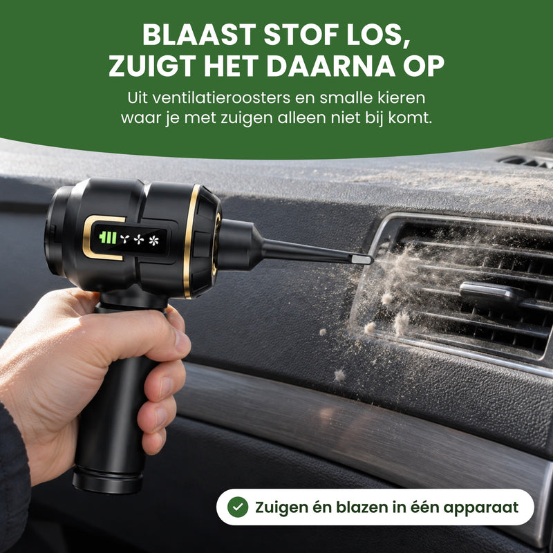 Kruimeldief blaast met een dun mondstuk een wolk stof uit het ventilatierooster van een auto: blaast stof los, zuigt het daarna op