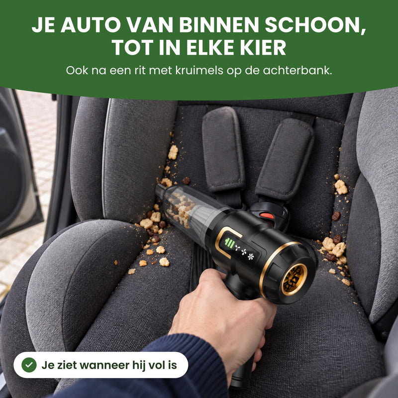 Kruimeldief zuigt kruimels uit een kinderzitje op de achterbank, in de doorzichtige stofbak liggen kruimels: je auto schoon tot in elke kier