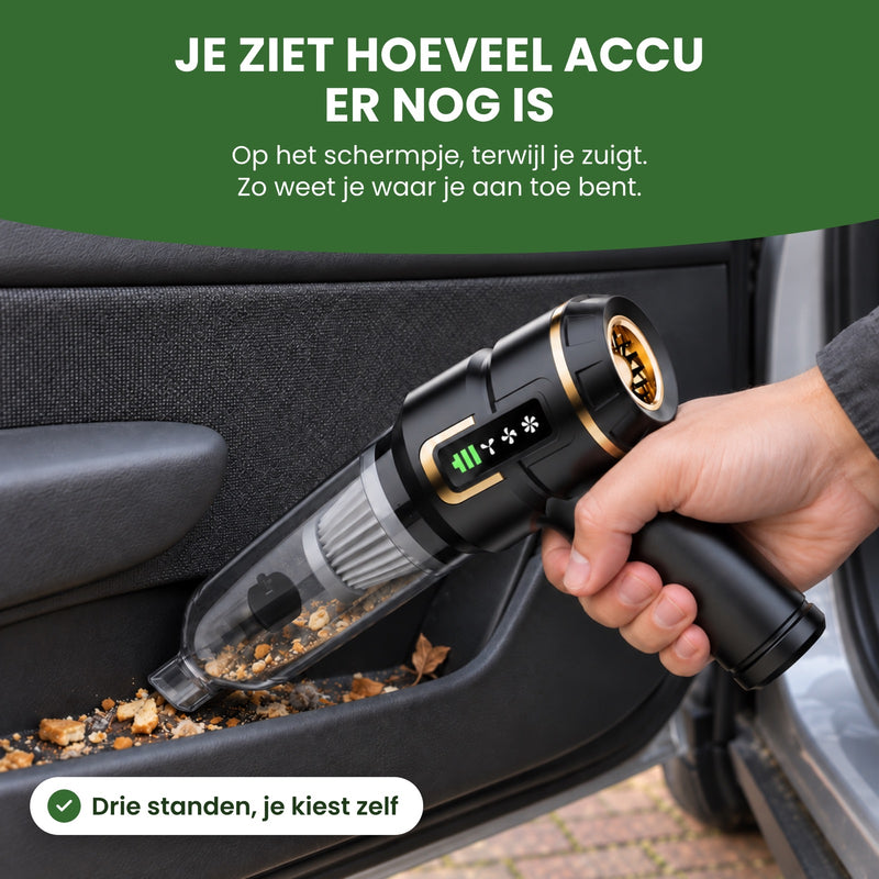 Kruimeldief zuigt kruimels uit het deurvak van een auto, op het schermpje staan groene accubalkjes: je ziet hoeveel accu er nog is