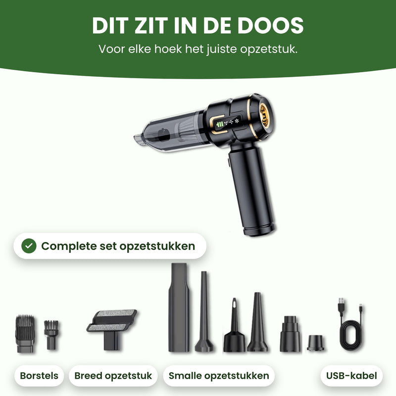 Kruimeldief met borstels, een breed opzetstuk, smalle opzetstukken, koppelstukken en de USB-kabel, met de namen erbij: dit zit in de doos