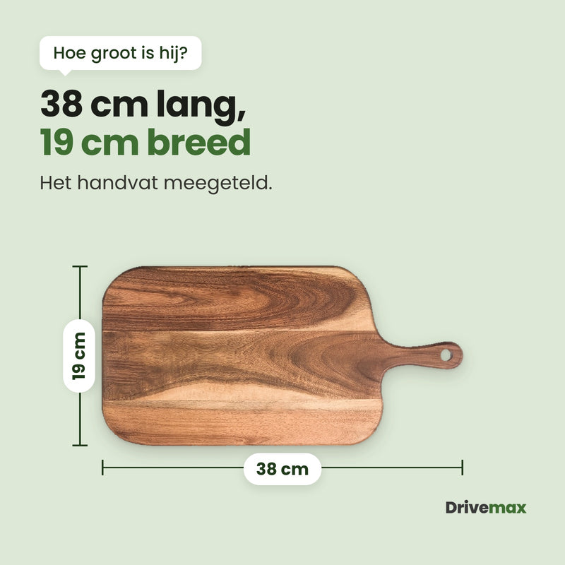 De Langova snijplank liggend met maatlijnen: 38 cm lang met het handvat meegeteld en 19 cm breed