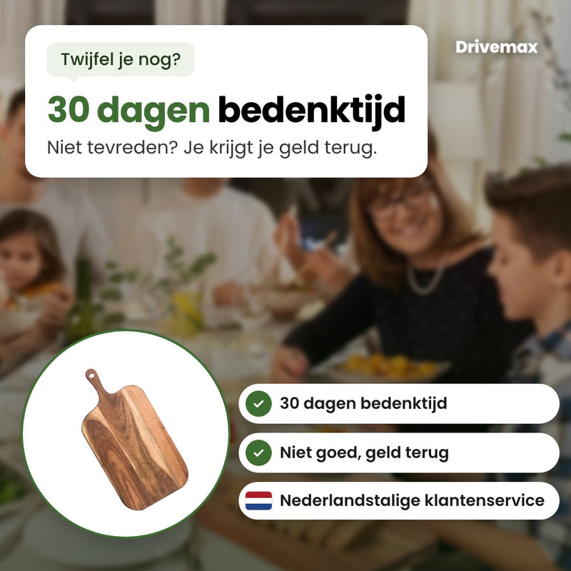 De Langova snijplank in een cirkel, met Nederlandstalige klantenservice: 30 dagen bedenktijd, niet goed geld terug