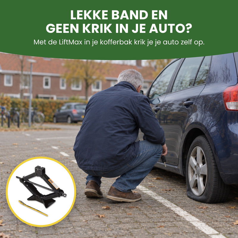 Man hurkt naast zijn auto met een lekke achterband op een parkeerplaats: met de LiftMax in je kofferbak krik je je auto zelf op