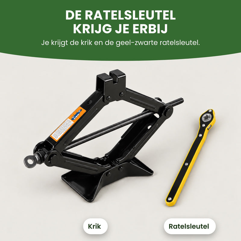 LiftMax autokrik en de geel-zwarte ratelsleutel naast elkaar: de ratelsleutel krijg je erbij