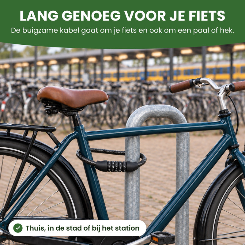 LockMaster kabelslot om het frame van een stadsfiets en een fietsbeugel bij het station: lang genoeg voor je fiets