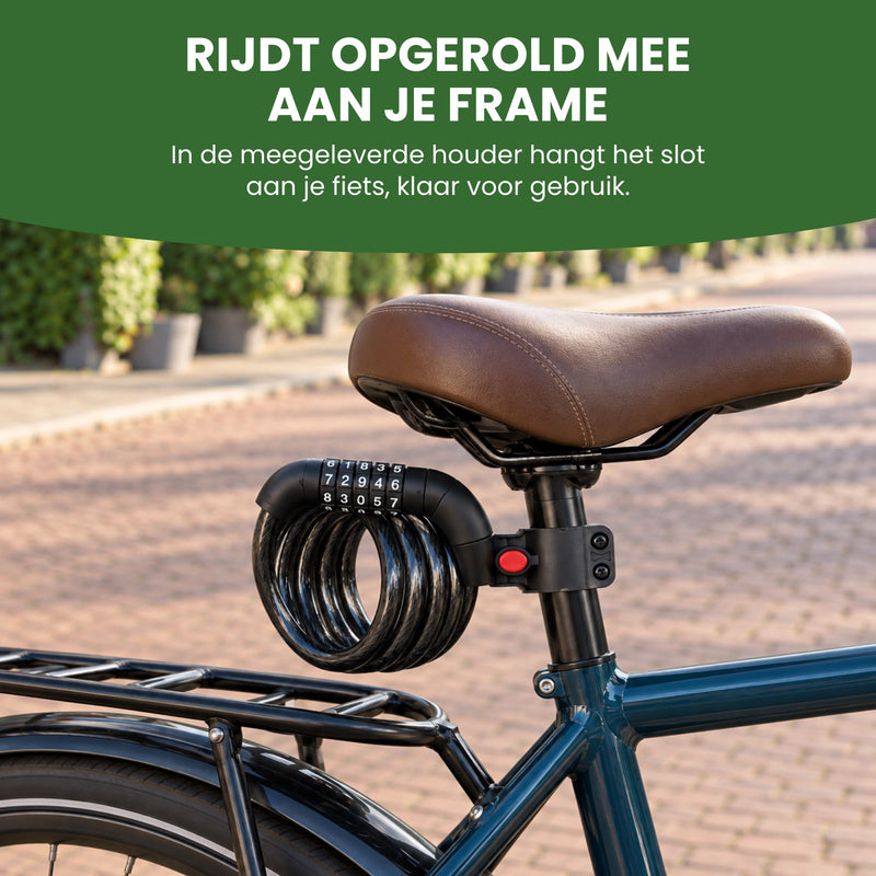LockMaster kabelslot opgerold in de houder onder het zadel van een stadsfiets: rijdt opgerold mee aan je frame