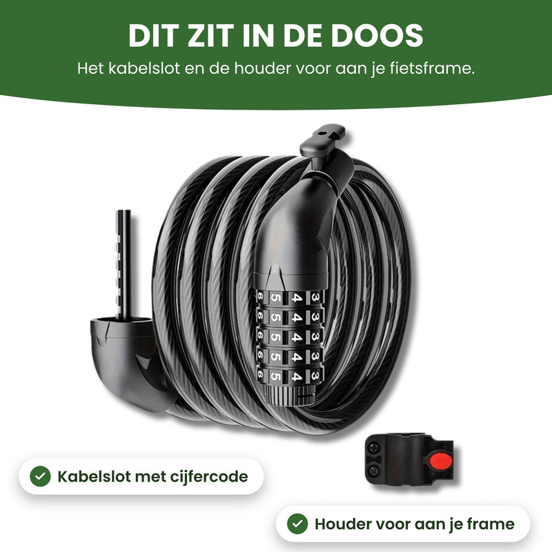 LockMaster kabelslot met vijf cijferringen en de losse houder met rode knop op wit: dit zit in de doos
