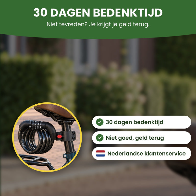 LockMaster kabelslot in de houder, met de labels ‘Niet goed, geld terug’ en ‘Nederlandse klantenservice’ met vlaggetje: 30 dagen bedenktijd