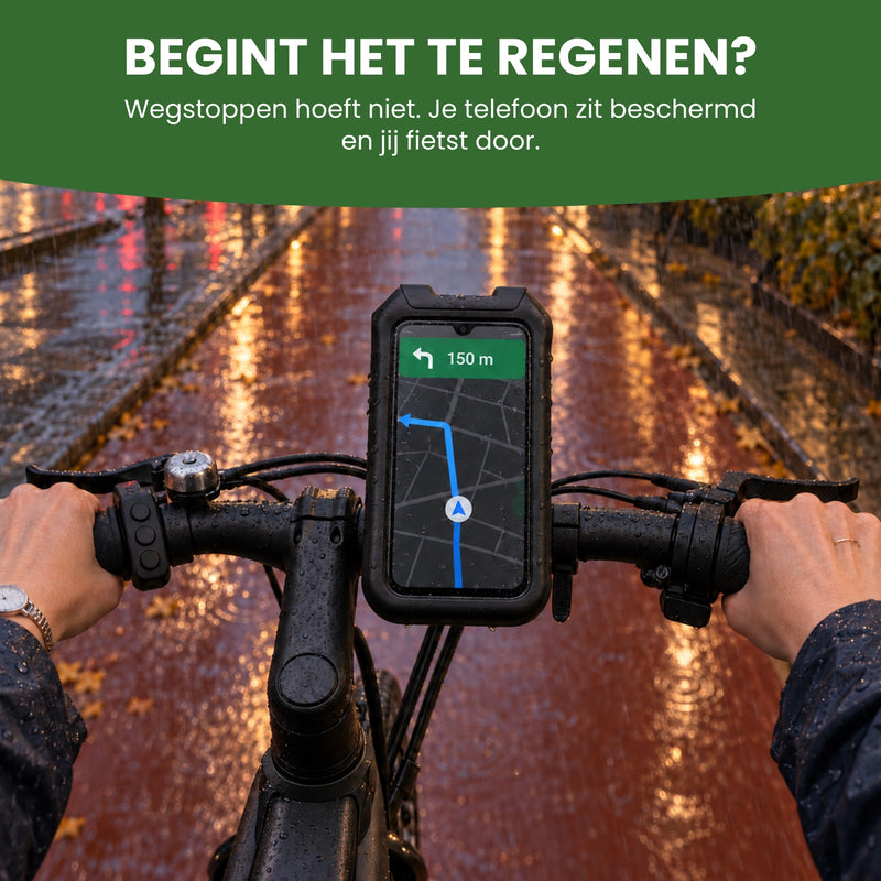 MagnoMount telefoonhouder met regendruppels op het venster op het stuur van een e-bike, op een nat fietspad in de schemer: je telefoon zit beschermd