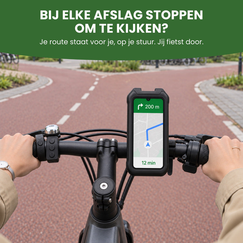 MagnoMount telefoonhouder met een route op het scherm bij een splitsing van fietspaden: je route staat voor je op je stuur, jij fietst door