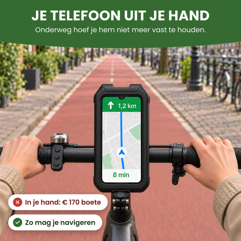 De telefoon met de route in de MagnoMount op het stuur, beide handen aan de handvatten: in je hand € 170 boete, zo mag je navigeren