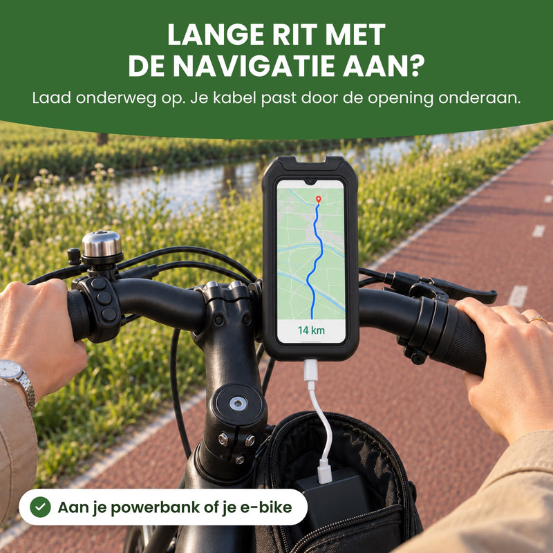 MagnoMount telefoonhouder met een laadkabel uit de onderkant naar een powerbank in een tasje op het frame: laad onderweg op aan je powerbank of e-bike