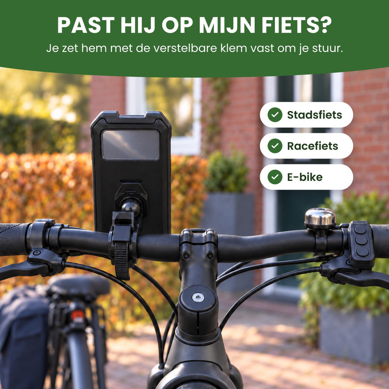 Achterkant van de MagnoMount met de klem en de band om het stuur van een geparkeerde e-bike: je zet hem met de verstelbare klem vast om je stuur