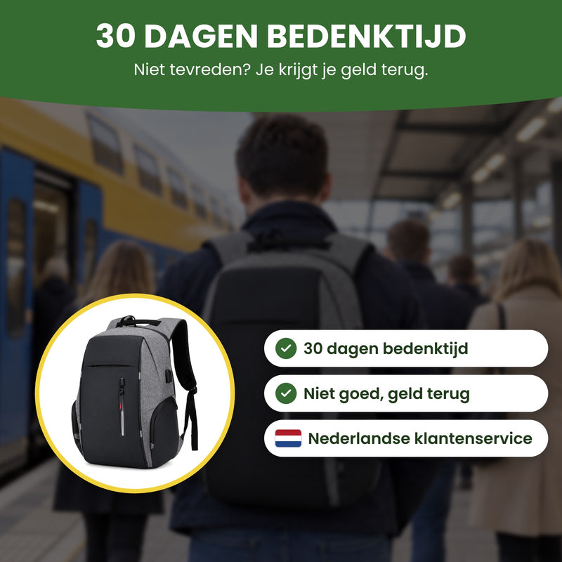 De Metrova rugzak in een cirkel, met Nederlandse klantenservice: 30 dagen bedenktijd, niet goed geld terug